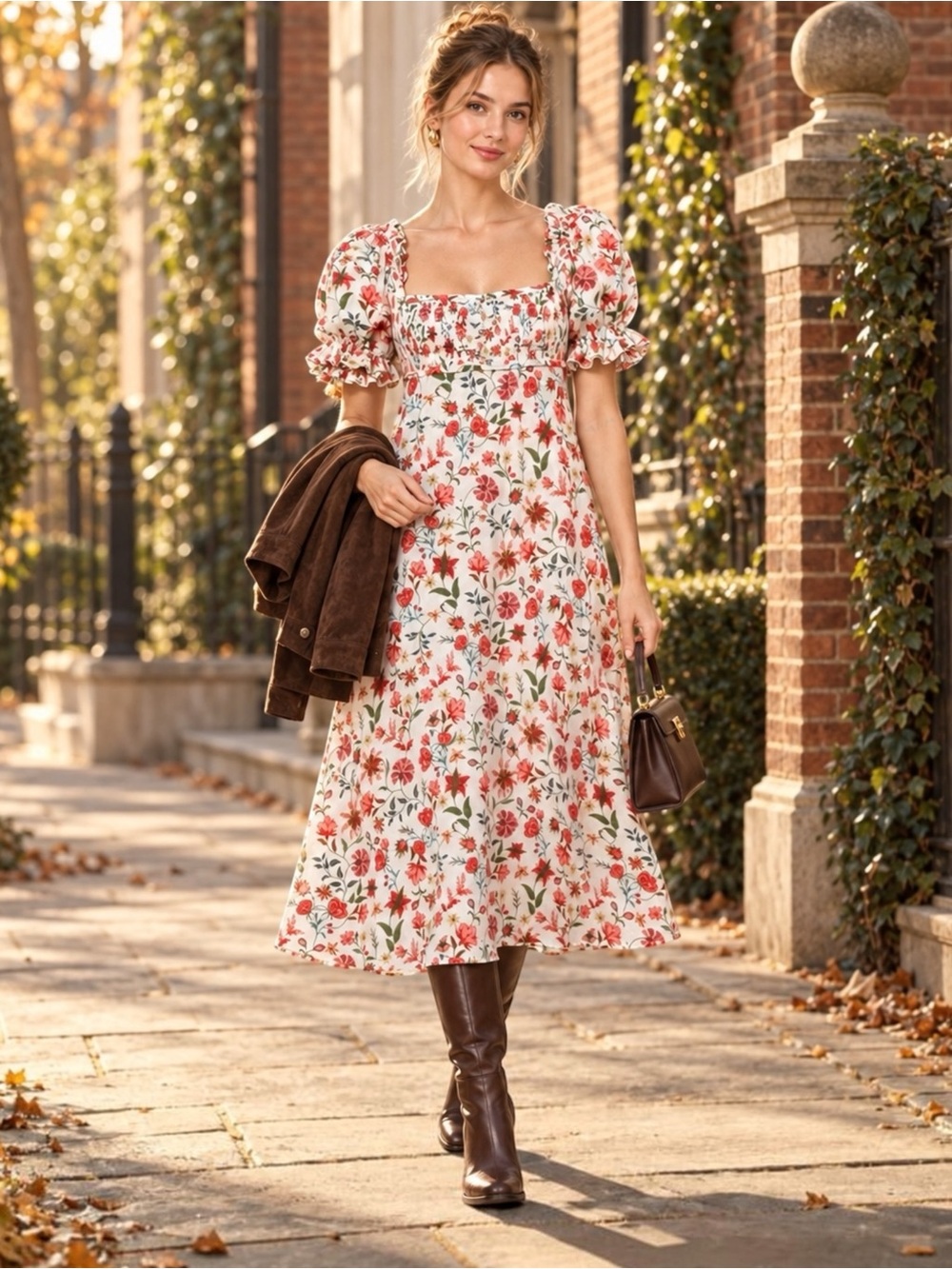 Anthropologie Smocked Puff Sleeve Floral Midi Dress Romantic Cottagecore XXS